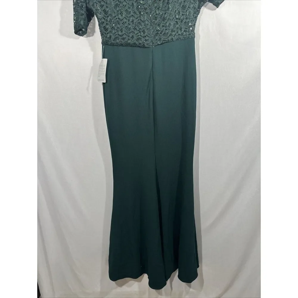 NWT $269 Betsy & Adam [ 8 ] One-Shoulder Sequin Lace Mixed Media Gown Pine Green